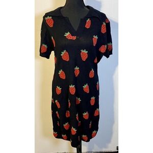 Cider Sweater Dress Womens 1XL Black Strawberry Print Knit Short Sleeve Collar